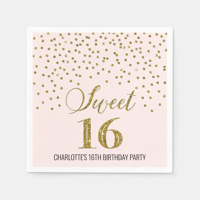 Blush Pink Gold Confetti Sweet 16 Geburtstag Serviette (Vorderseite)