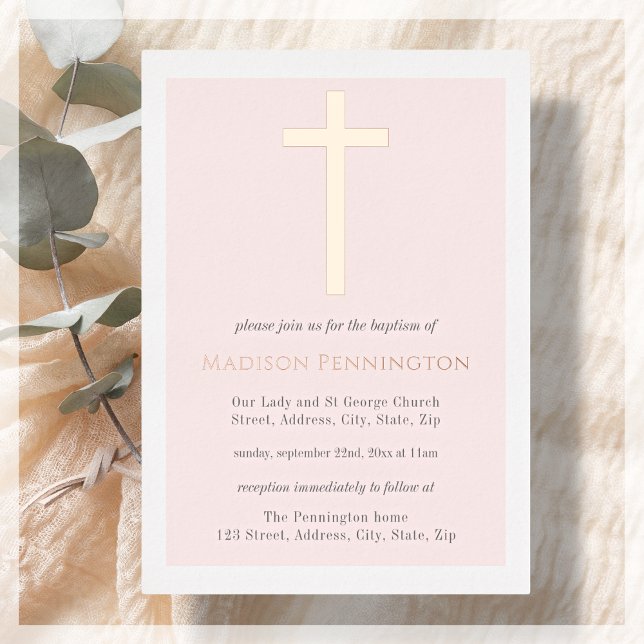 Blush Pink & Gold Cross Taufen Einladung (Von Creator hochgeladen)