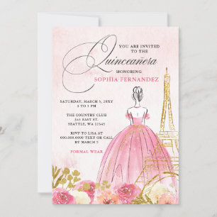 Blush Pink Gold Eiffel Tower Paris Quinceañera Einladung