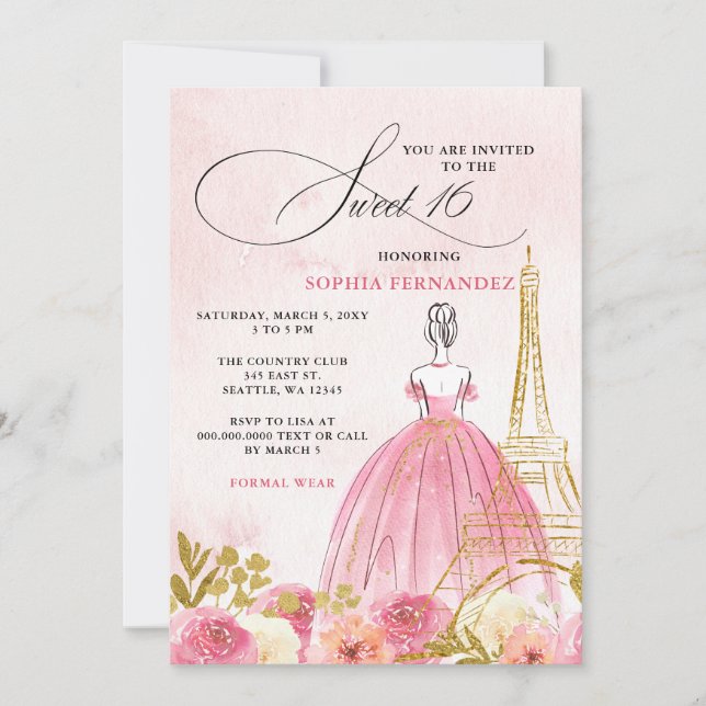 Blush Pink Gold Eiffelturm Paris Sweet 16 Einladung (Vorderseite)