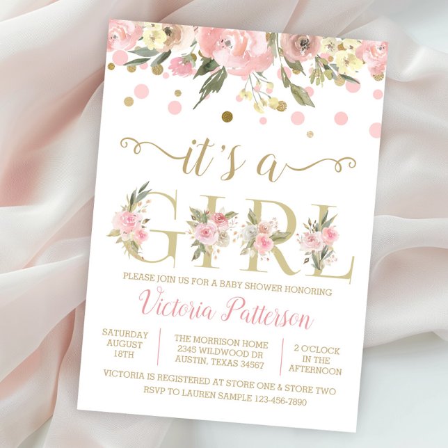 Blush Pink Gold Eine Girl-Baby-Dusche Einladung (Pretty pink and gold it's a girl baby shower invitation with watercolor flowers.)