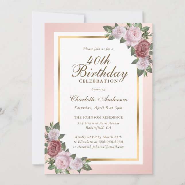 Blush Pink Gold Floral 40. Geburtstag Einladungen (Vorderseite)