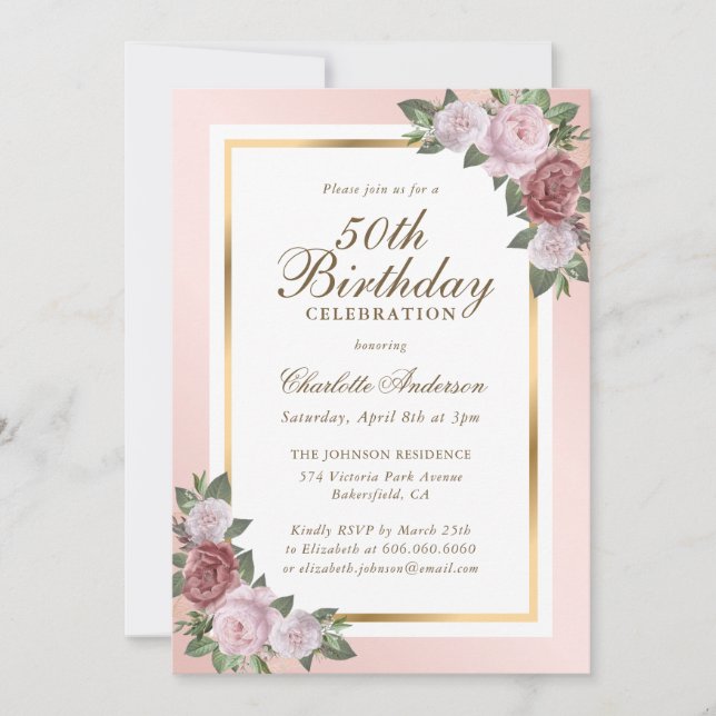 Blush Pink Gold Floral 50. Geburtstag Einladung (Vorderseite)
