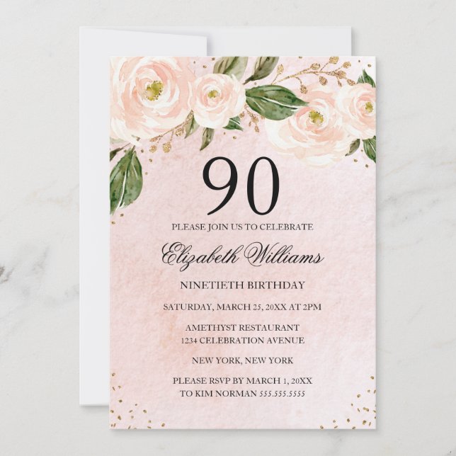 Blush Pink Gold Floral 90. Geburtstag Einladung (Vorderseite)