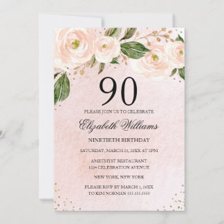Blush Pink Gold Floral 90. Geburtstag Einladung