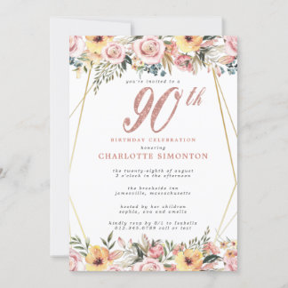 Blush Pink Gold Floral 90. Geburtstagsparty Einladung
