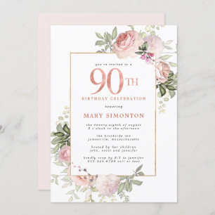 Blush Pink Gold Floral 90. Geburtstagsparty Einladung
