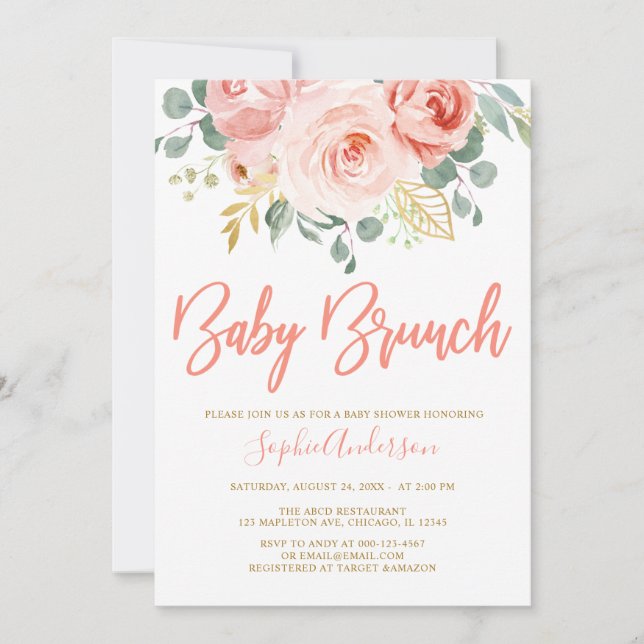 Blush Pink Gold Floral Baby Brunch Babydusche Einladung (Vorderseite)