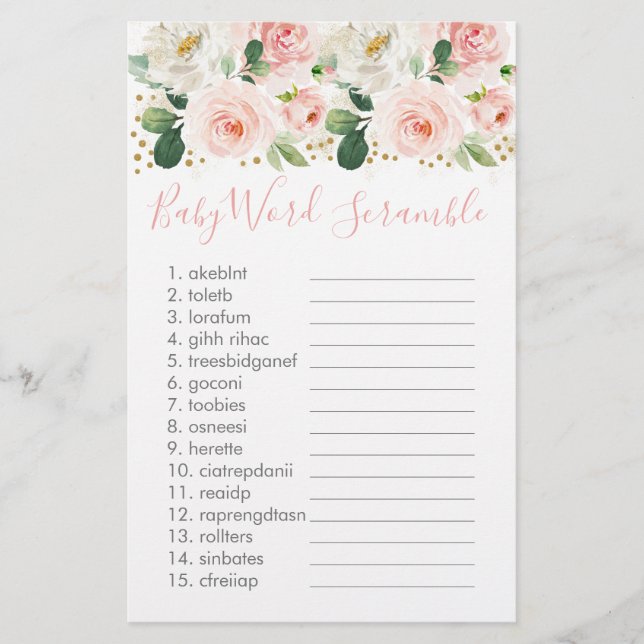Blush Pink Gold Floral Baby Word Scramble Spiel (Vorderseite)