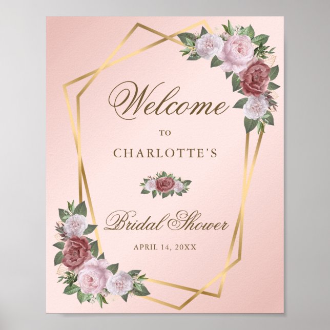 Blush Pink Gold Floral Brautparty Begrüßungszeiche Poster (Vorne)
