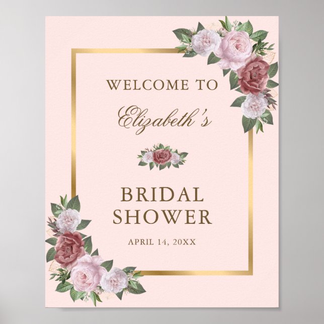 Blush Pink Gold Floral Brautparty Begrüßungszeiche Poster (Vorne)