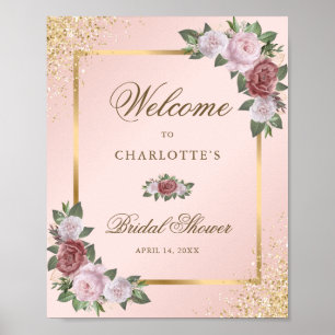 Blush Pink Gold Floral Brautparty Begrüßungszeiche Poster