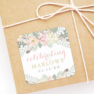Blush Pink Gold Floral Custom Wedding Bridge Name Quadratischer Aufkleber