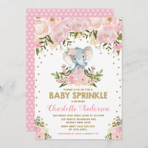 Blush Pink Gold Floral Elephant Girl Baby Sprinkle Einladung