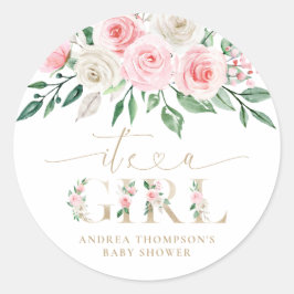 Blush Pink Gold Floral Es ist eine Girl Baby Dusch Runder Aufkleber