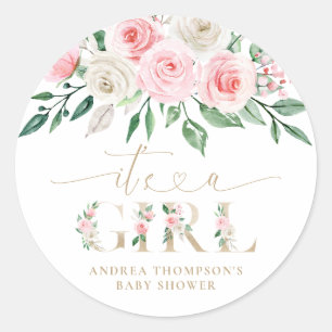 Blush Pink Gold Floral Es ist eine Girl Baby Dusch Runder Aufkleber