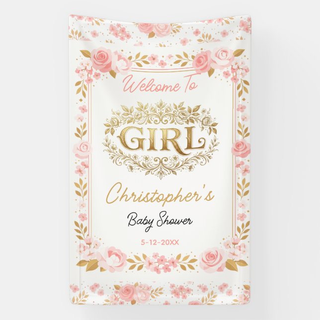 Blush Pink & Gold Floral Girl Baby Shower Banner (Vertikal)