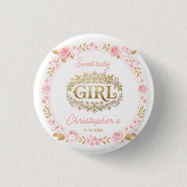 Blush Pink & Gold Floral Girl Baby Shower Button (Vorderseite)