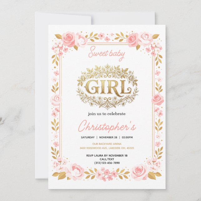 Blush Pink & Gold Floral Girl Baby Shower Einladung (Vorderseite)