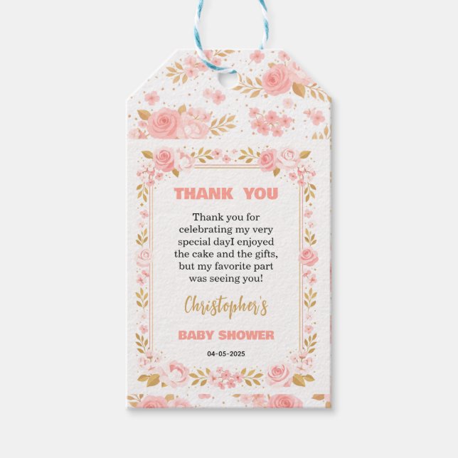 Blush Pink & Gold Floral Girl Baby Shower Geschenkanhänger (Vorderseite)