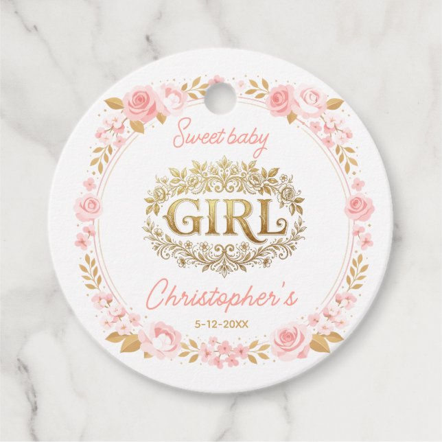 Blush Pink & Gold Floral Girl Baby Shower Geschenkanhänger (Vorderseite)