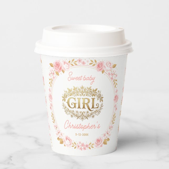 Blush Pink & Gold Floral Girl Baby Shower Pappbecher (Vorderseite)