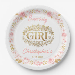 Blush Pink & Gold Floral Girl Baby Shower Pappteller