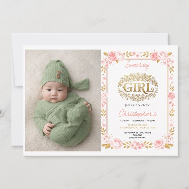 Blush Pink & Gold Floral Girl Baby Shower photo Einladung (Vorderseite)