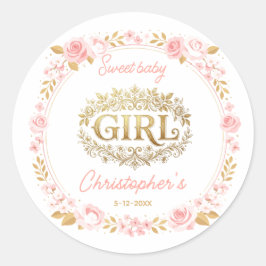 Blush Pink & Gold Floral Girl Baby Shower Runder Aufkleber