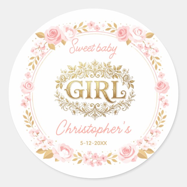 Blush Pink & Gold Floral Girl Baby Shower Runder Aufkleber (Vorderseite)