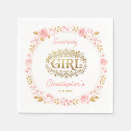 Blush Pink & Gold Floral Girl Baby Shower Serviette