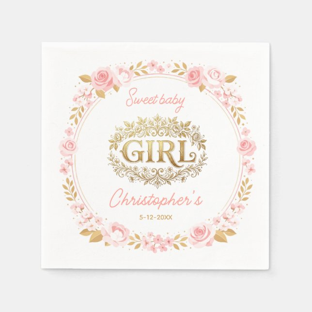 Blush Pink & Gold Floral Girl Baby Shower Serviette (Vorderseite)
