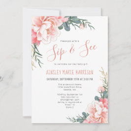 Blush Pink Gold Floral Girl Babydusche Einladung