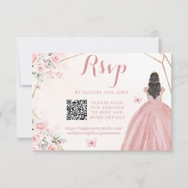 Blush Pink Gold Floral Girl Charra XV Años QR RSVP Karte (Vorderseite)