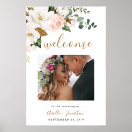 Blush Pink Gold Floral Hochzeit Begrüßung Foto Zei Poster