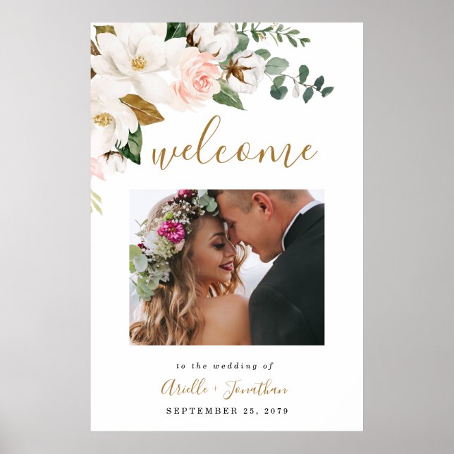 Blush Pink Gold Floral Hochzeit Begrüßung Foto Zei Poster (Vorne)