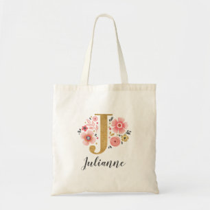Blush Pink Gold Floral Monogram Letter "J" Tragetasche