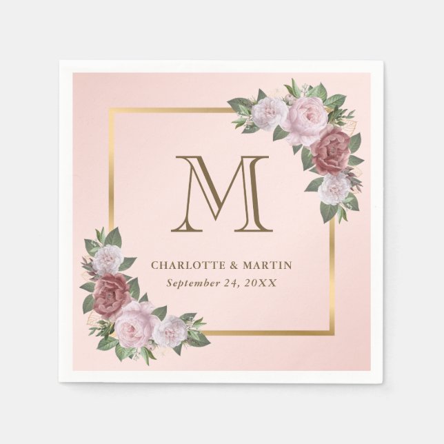Blush Pink Gold Floral Monogram Wedding Serviette (Vorderseite)