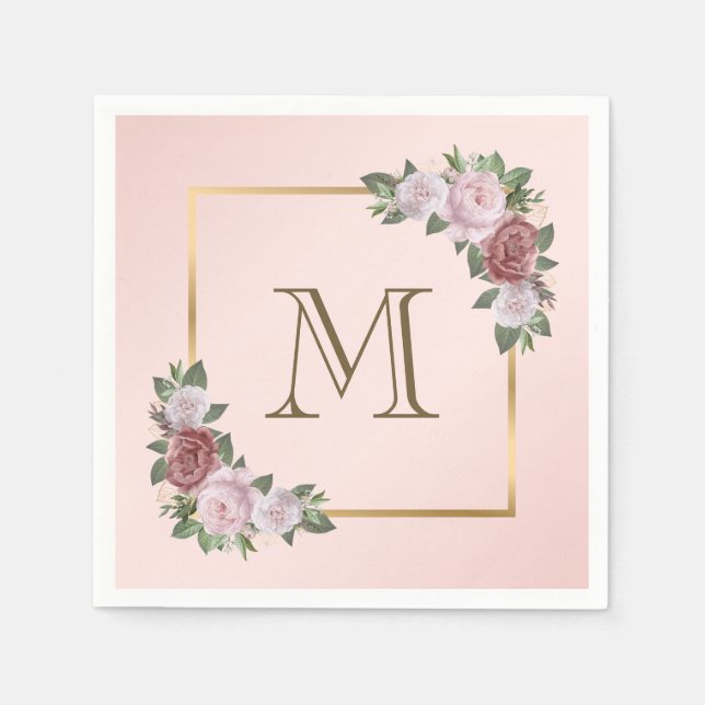 Blush Pink Gold Floral Monogram Wedkins Serviette (Vorderseite)