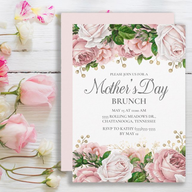 Blush Pink Gold Floral Muttertag Brunch Einladung (Elegant pink roses Mother's Day invitation)