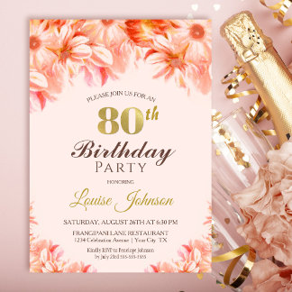 Blush Pink Gold Floral Party am 80. Geburtstag Einladung