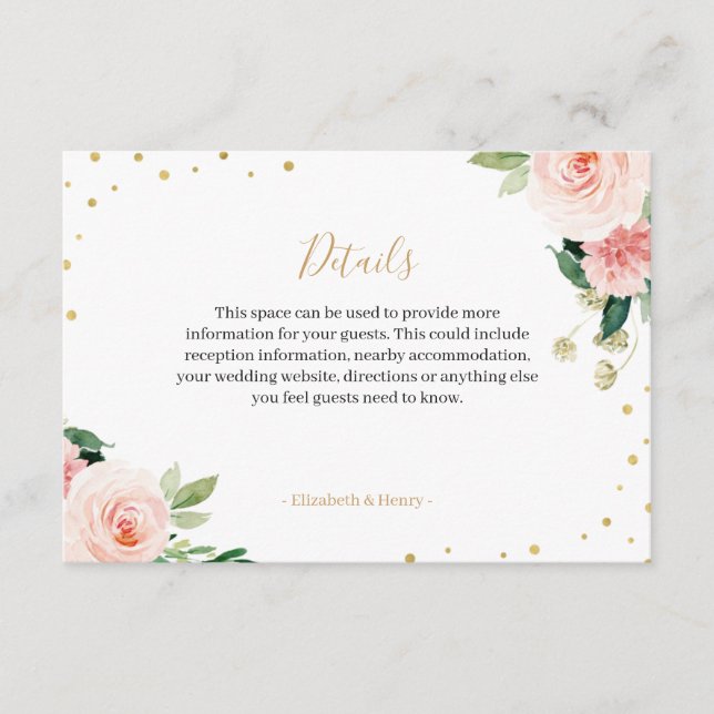 Blush pink gold floral peony wedding details card begleitkarte (Vorderseite)