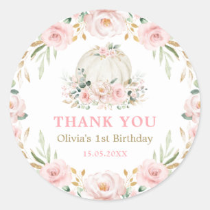 Blush Pink Gold Floral Pumpkin Baby Girl Geburtsta Runder Aufkleber