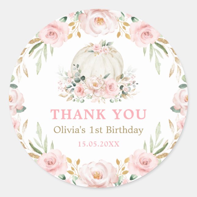 Blush Pink Gold Floral Pumpkin Baby Girl Geburtsta Runder Aufkleber (Vorderseite)