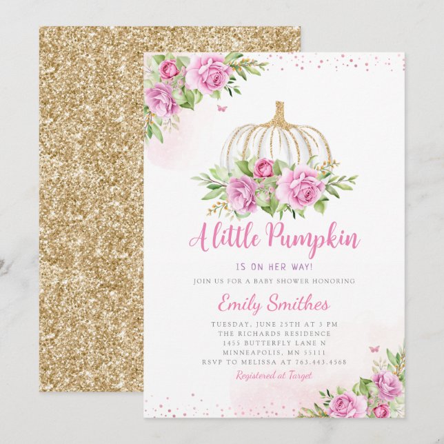 Blush Pink Gold Floral Pumpkin Girl Baby Dusche Einladung (Vorne/Hinten)