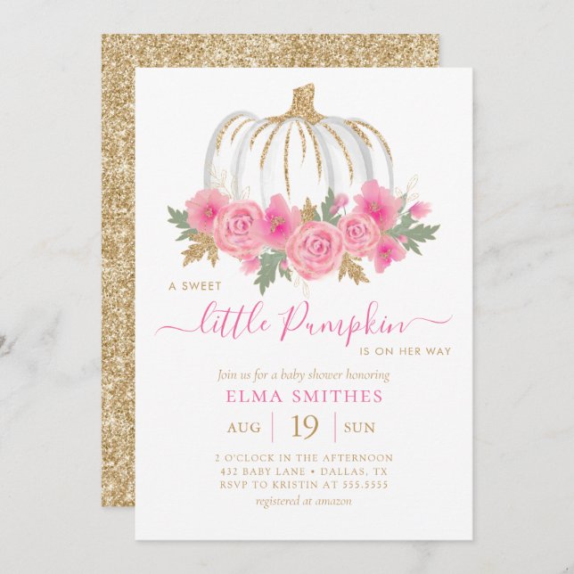 Blush Pink Gold Floral Pumpkin Girl Baby Dusche Einladung (Vorne/Hinten)