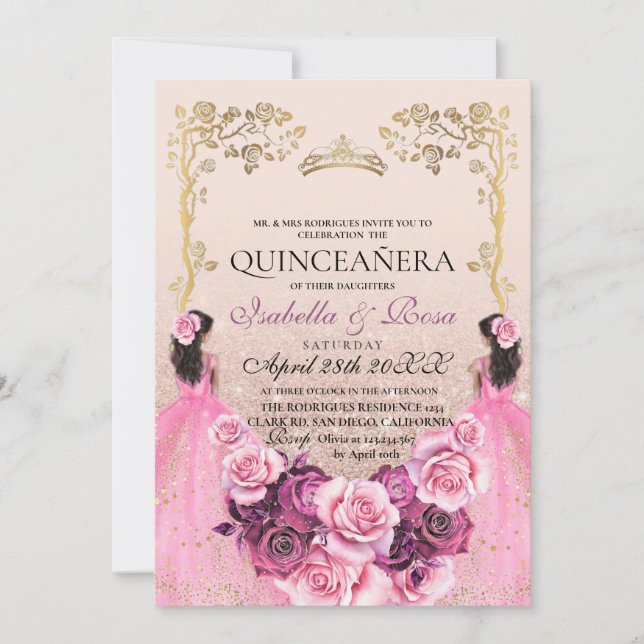 Blush Pink Gold Floral Quinceñera Twins Einladung (Vorderseite)