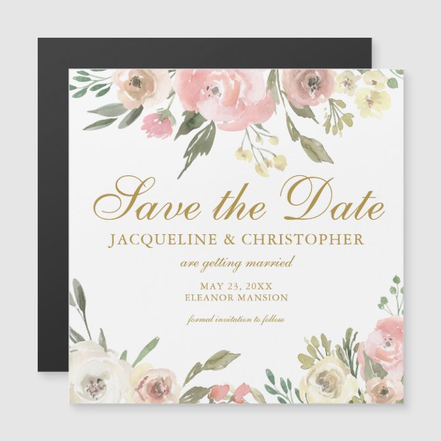 Blush Pink Gold Floral Save the Date Magnetkarte (Vorne/Hinten)