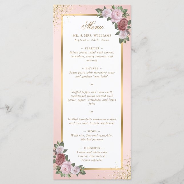 Blush Pink Gold Floral Wedding Menükarte (Vorderseite)