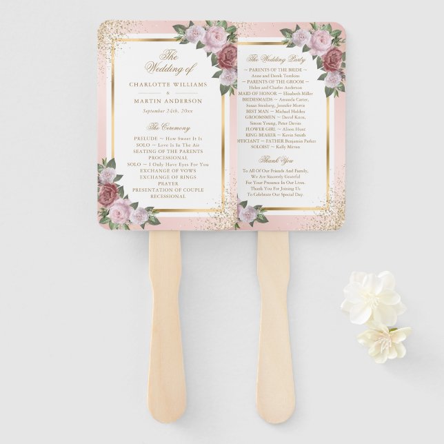 Blush Pink Gold Floral Wedding Program Fächer (Vorne und Hinten)